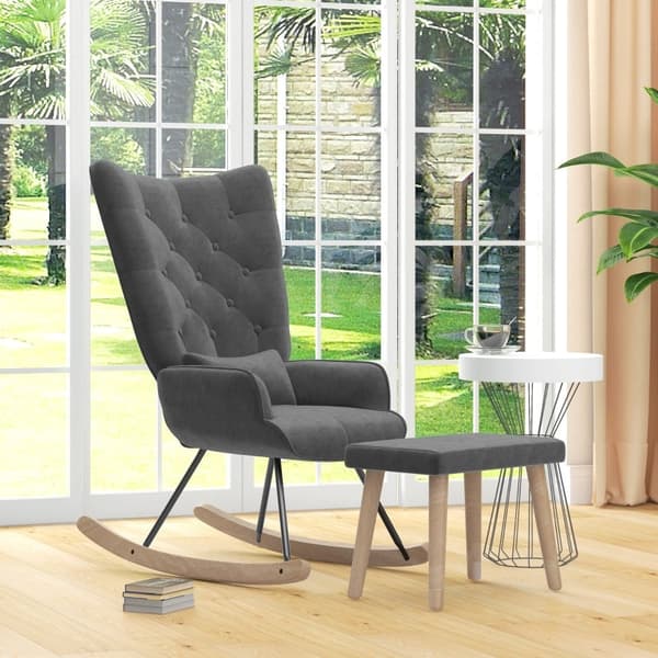 Rootz loungestol og skammelsæt - Moderne lænestol - Polstret hvilestol - Fløjlspolstring - Gummitræben - Mørkegrå - 66 cm x 96 cm x 101 cm