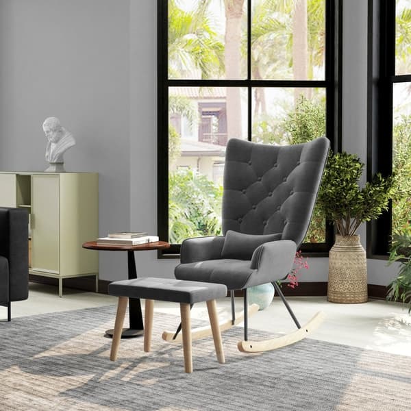 Rootz loungestol og skammelsæt - Moderne lænestol - Polstret hvilestol - Fløjlspolstring - Gummitræben - Mørkegrå - 66 cm x 96 cm x 101 cm