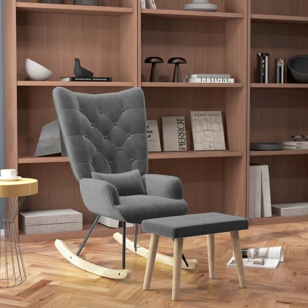 Rootz loungestol og skammelsæt - Moderne lænestol - Polstret hvilestol - Fløjlspolstring - Gummitræben - Mørkegrå - 66 cm x 96 cm x 101 cm