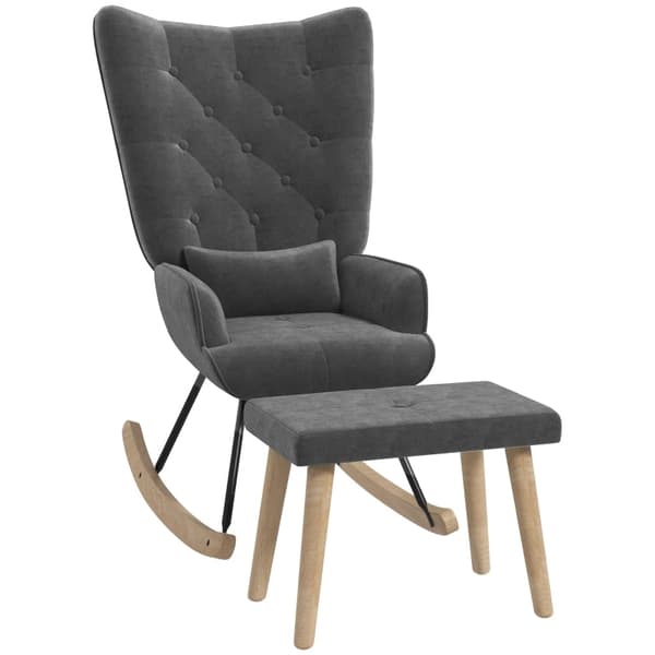 Rootz loungestol og skammelsæt - Moderne lænestol - Polstret hvilestol - Fløjlspolstring - Gummitræben - Mørkegrå - 66 cm x 96 cm x 101 cm