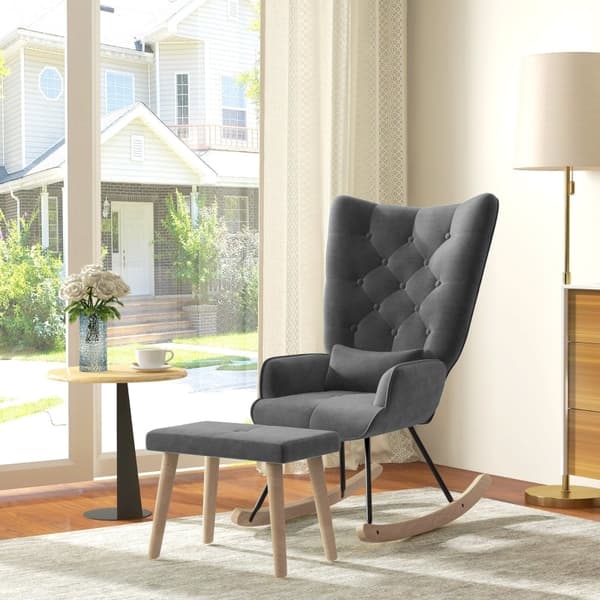 Rootz loungestol og skammelsæt - Moderne lænestol - Polstret hvilestol - Fløjlspolstring - Gummitræben - Mørkegrå - 66 cm x 96 cm x 101 cm