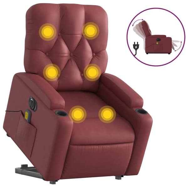 Massagefåtölj med uppresningshjälp vinröd konstläder
