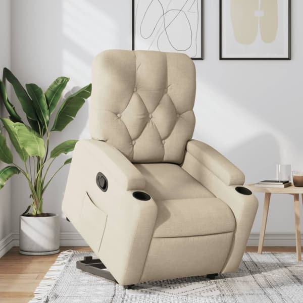 Reclinerfåtölj med uppresningshjälp gräddvit tyg