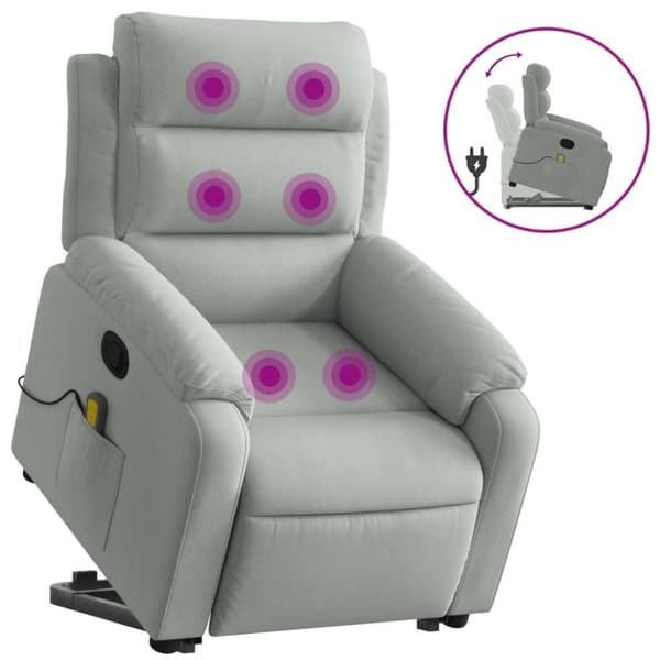 Massagefåtölj med uppresningshjälp ljusgrå sammet
