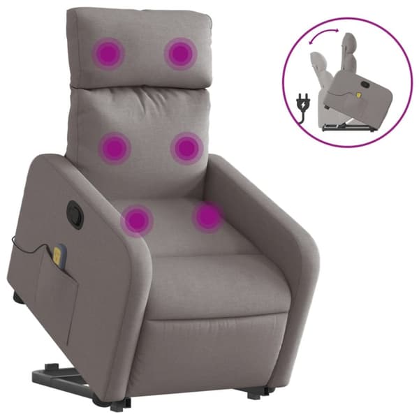 Massagefåtölj med uppresningshjälp taupe tyg