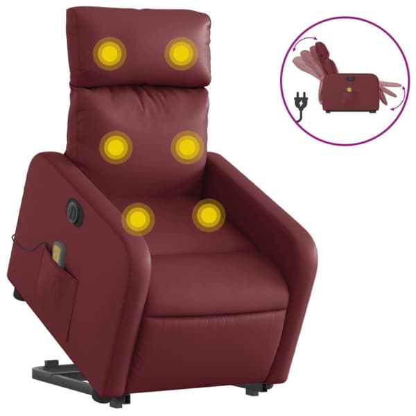 Massagefåtölj med uppresningshjälp vinröd konstläder