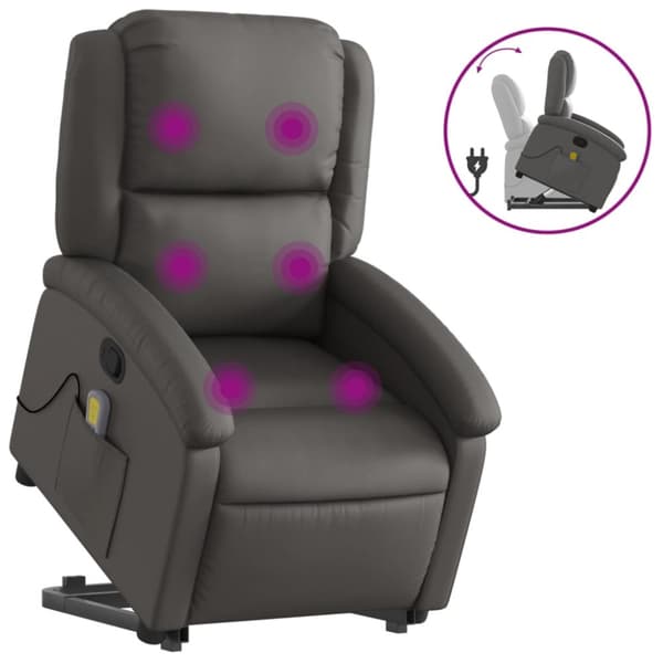 Massagefåtölj med uppresningshjälp grå äkta läder
