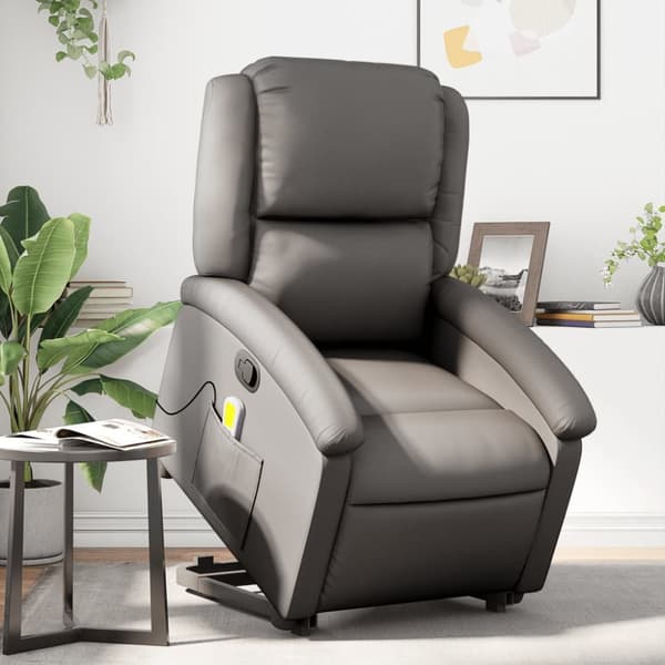 Massagefåtölj med uppresningshjälp grå äkta läder