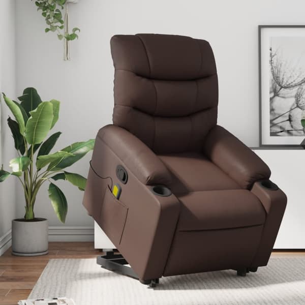Massagefåtölj med uppresningshjälp brun konstläder