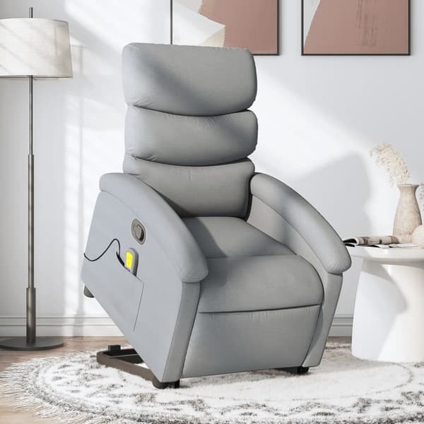 Massagefåtölj med uppresningshjälp ljusgrå tyg