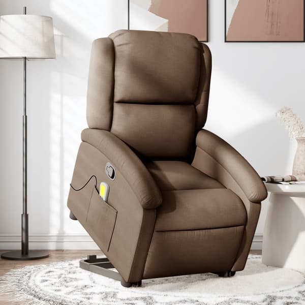 Massagefåtölj med uppresningshjälp brun tyg
