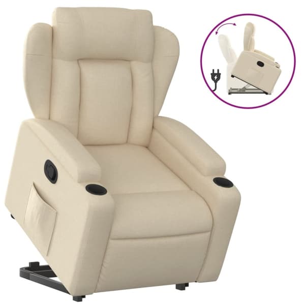 Reclinerfåtölj med uppresningshjälp gräddvit tyg