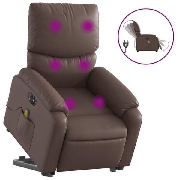 Massagefåtölj med uppresningshjälp brun konstläder