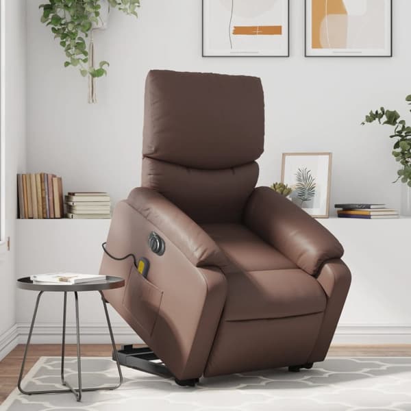 Massagefåtölj med uppresningshjälp brun konstläder