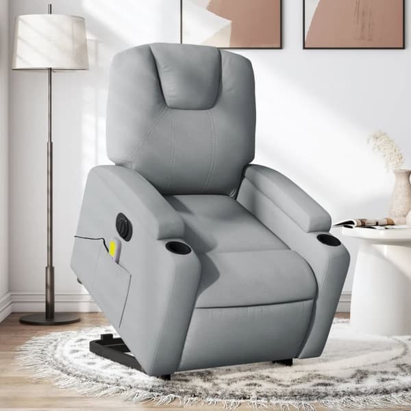 Elektrisk massagefåtölj med uppresningshjälp ljusgrå tyg