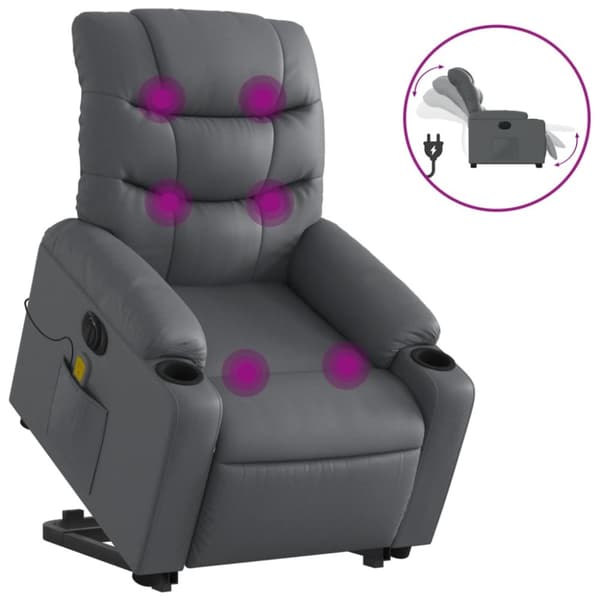 Massagefåtölj med uppresningshjälp grå konstläder