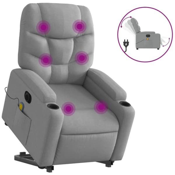 Elektrisk massagefåtölj med uppresningshjälp ljusgrå tyg
