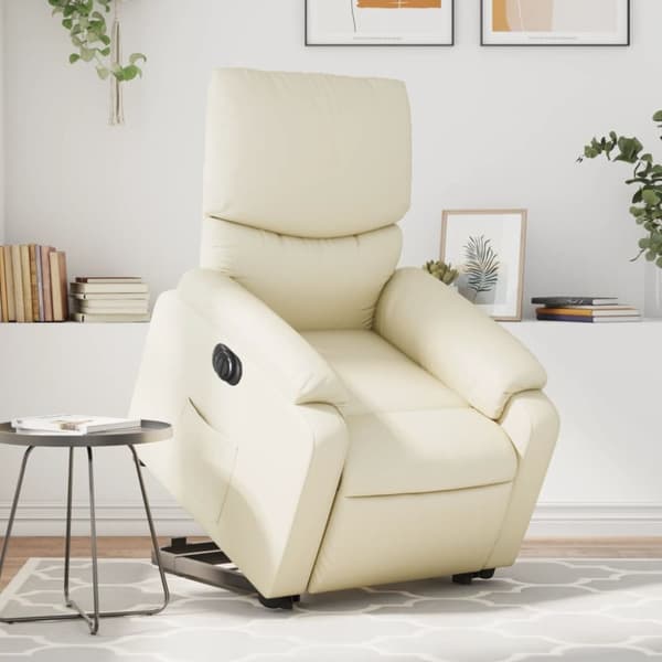 Reclinerfåtölj med uppresningshjälp gräddvit konstläder