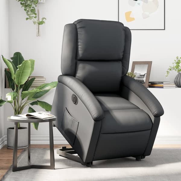 Reclinerfåtölj med uppresningshjälp svart äkta läder