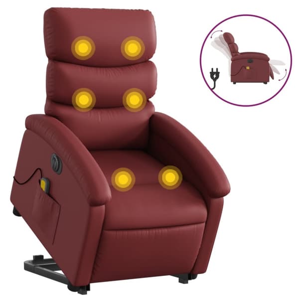 Massagefåtölj med uppresningshjälp vinröd konstläder