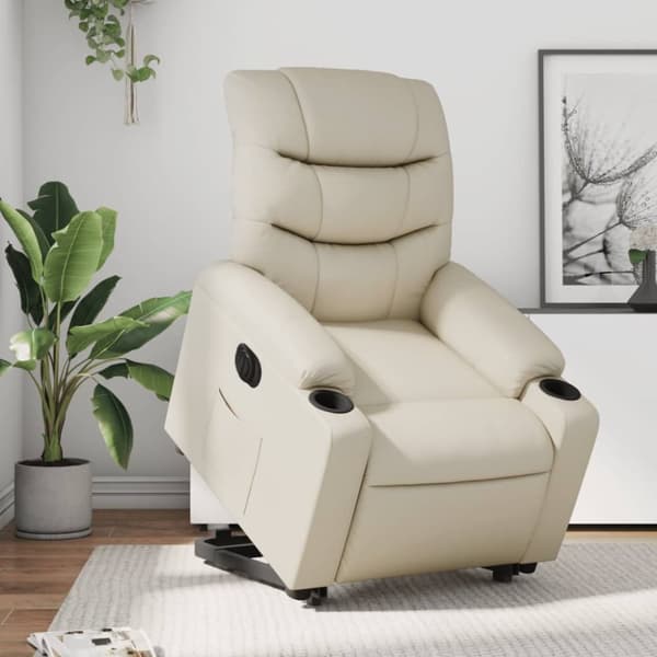 Reclinerfåtölj med uppresningshjälp gräddvit konstläder