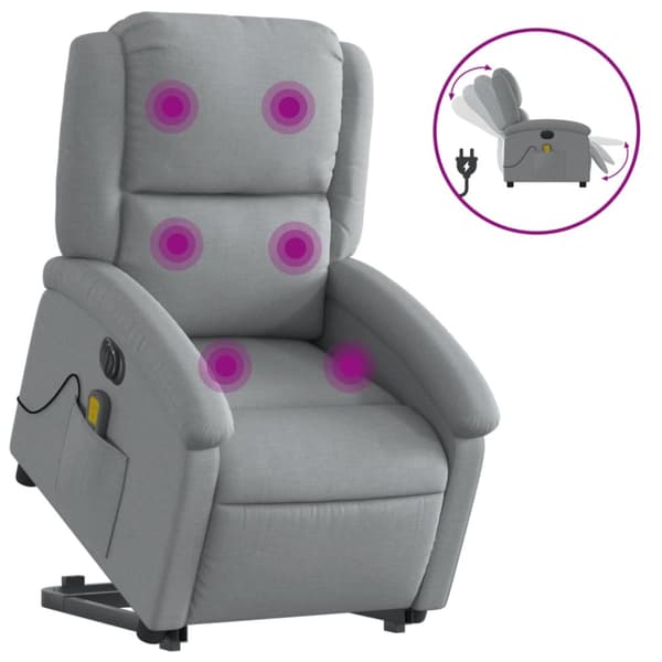 Elektrisk massagefåtölj med uppresningshjälp ljusgrå tyg
