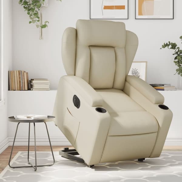 Reclinerfåtölj med uppresningshjälp gräddvit konstläder