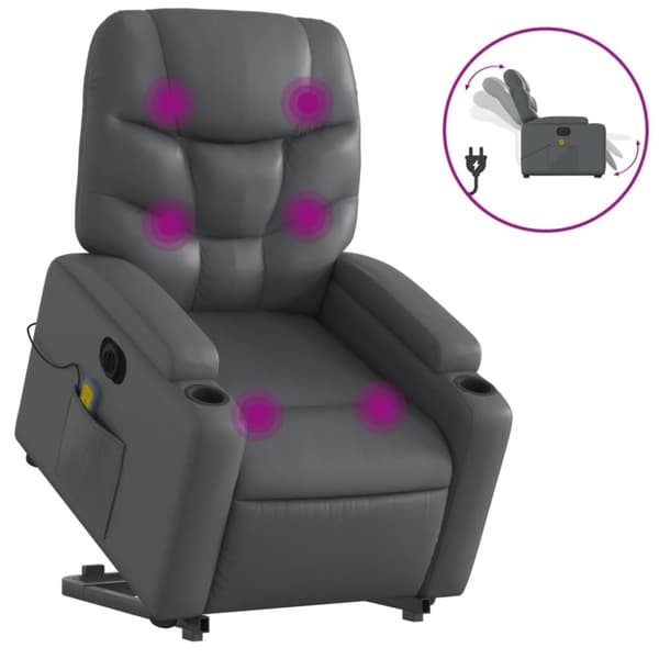 Massagefåtölj med uppresningshjälp grå konstläder