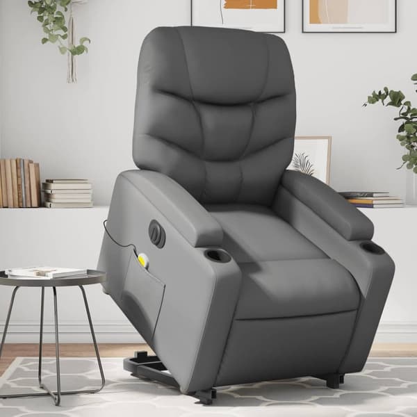 Massagefåtölj med uppresningshjälp grå konstläder
