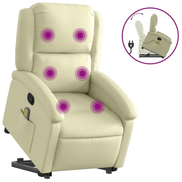 Massagefåtölj med uppresningshjälp gräddvit äkta läder