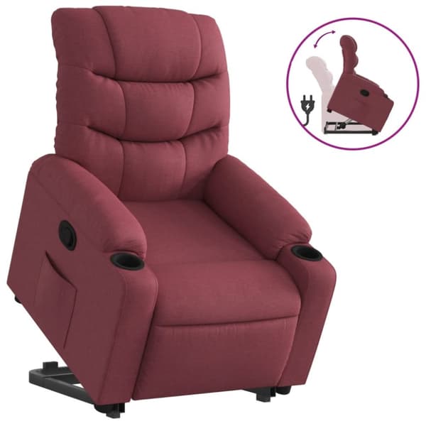 Reclinerfåtölj med uppresningshjälp vinröd tyg