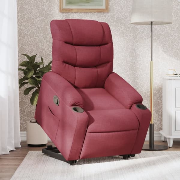 Reclinerfåtölj med uppresningshjälp vinröd tyg