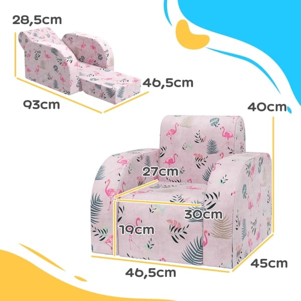 Rootz Kids Flamingo Lænestol - Børnesofa - Transformerende sæde - Sammenklappelig seng - Hyggeligt betræk - Bærbart design - 46,5 cm x 93 cm x 28,5 cm