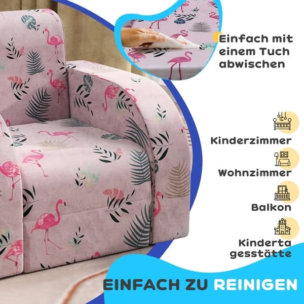 Rootz Kids Flamingo Lænestol - Børnesofa - Transformerende sæde - Sammenklappelig seng - Hyggeligt betræk - Bærbart design - 46,5 cm x 93 cm x 28,5 cm