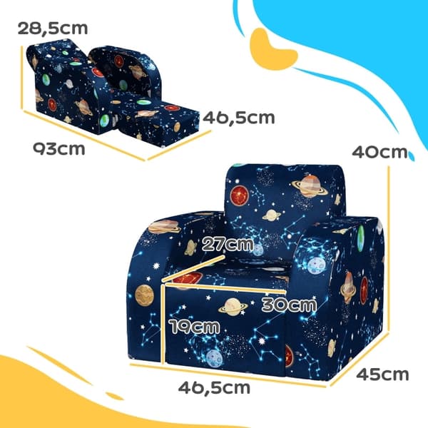 Rootz Kids hopfällbar fåtölj - Barnsoffa - Mysig säng - Multifunktionell - Planetmönster - Lätt att rengöra - Blå - Skum/polyester - 46,5 cm x 93 cm x