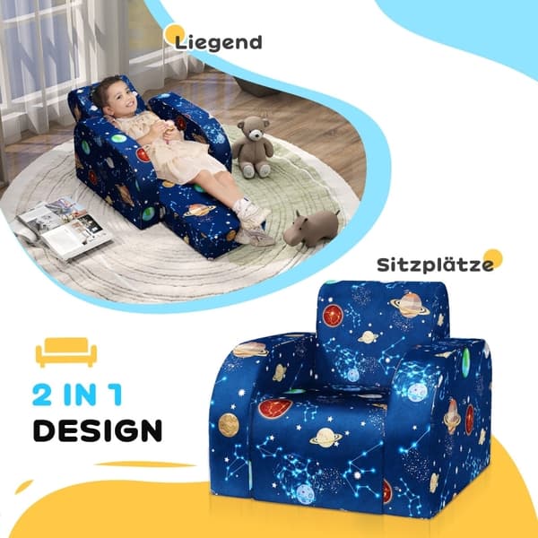 Rootz Kids hopfällbar fåtölj - Barnsoffa - Mysig säng - Multifunktionell - Planetmönster - Lätt att rengöra - Blå - Skum/polyester - 46,5 cm x 93 cm x