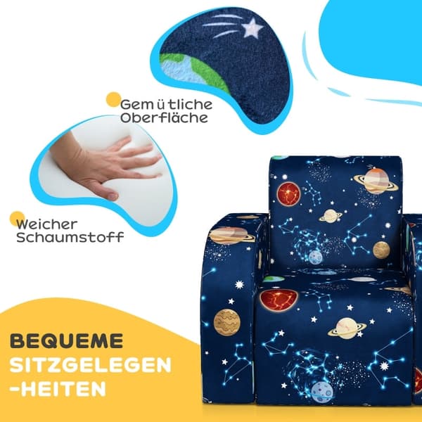 Rootz Kids hopfällbar fåtölj - Barnsoffa - Mysig säng - Multifunktionell - Planetmönster - Lätt att rengöra - Blå - Skum/polyester - 46,5 cm x 93 cm x