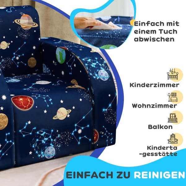 Rootz Kids hopfällbar fåtölj - Barnsoffa - Mysig säng - Multifunktionell - Planetmönster - Lätt att rengöra - Blå - Skum/polyester - 46,5 cm x 93 cm x