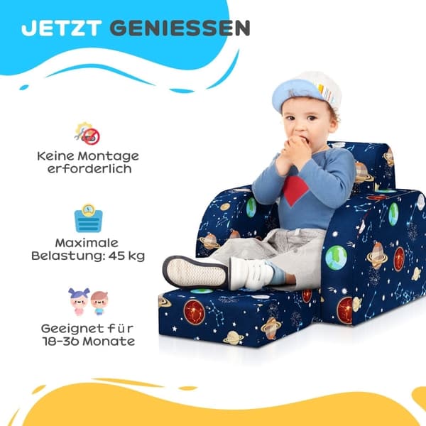 Rootz Kids hopfällbar fåtölj - Barnsoffa - Mysig säng - Multifunktionell - Planetmönster - Lätt att rengöra - Blå - Skum/polyester - 46,5 cm x 93 cm x
