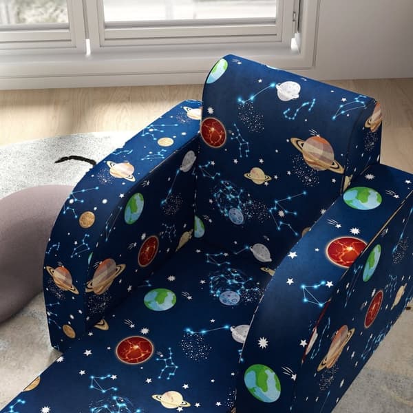 Rootz Kids hopfällbar fåtölj - Barnsoffa - Mysig säng - Multifunktionell - Planetmönster - Lätt att rengöra - Blå - Skum/polyester - 46,5 cm x 93 cm x