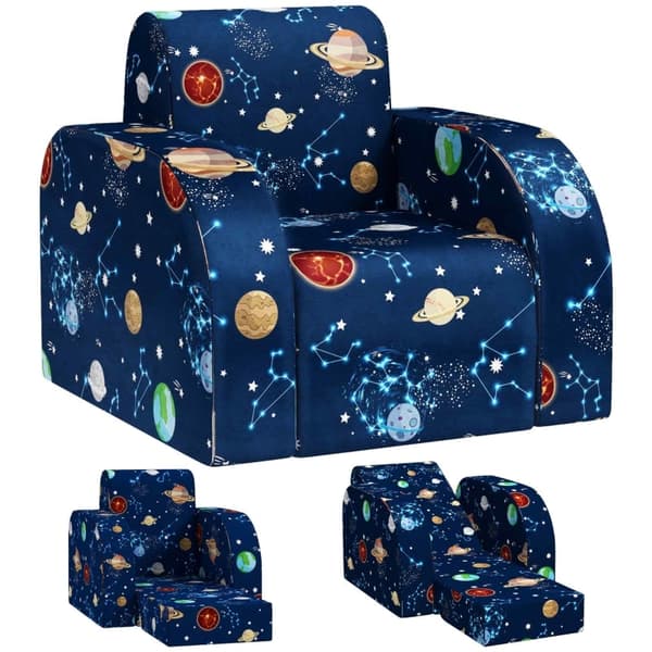 Rootz Kids hopfällbar fåtölj - Barnsoffa - Mysig säng - Multifunktionell - Planetmönster - Lätt att rengöra - Blå - Skum/polyester - 46,5 cm x 93 cm x