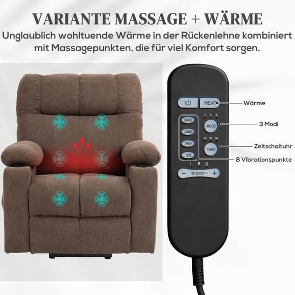 Rootz Electric Riser TV Fåtölj - Massagepunkter - Fotstöd - Fjärrkontroll - Brun - Polyestertyg - 91cm x 95cm x 109cm