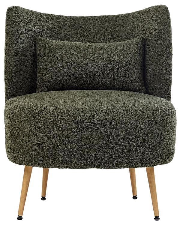 Fåtölj Mörkgrön Bouclé Tyg Mjukt Nubbigt Ben i Ljust Trä Böjt Ryggstöd Retro Glam Art Deco Stil