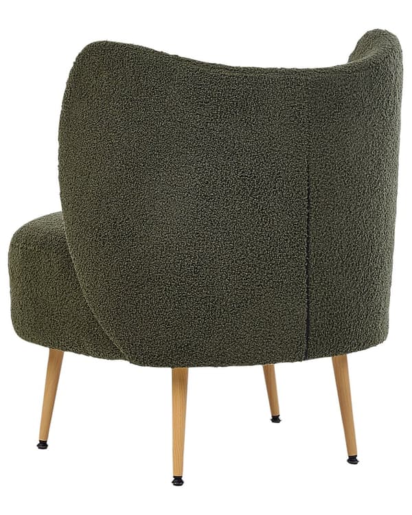 Fåtölj Mörkgrön Bouclé Tyg Mjukt Nubbigt Ben i Ljust Trä Böjt Ryggstöd Retro Glam Art Deco Stil