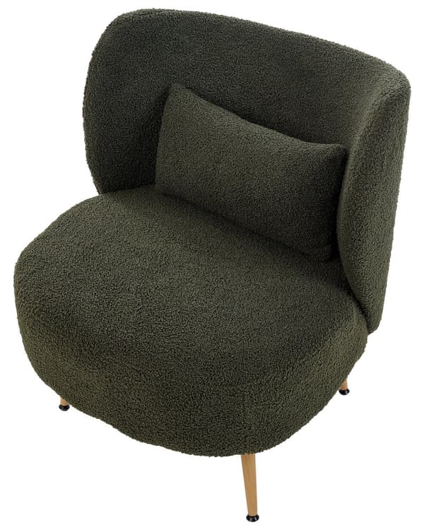 Fåtölj Mörkgrön Bouclé Tyg Mjukt Nubbigt Ben i Ljust Trä Böjt Ryggstöd Retro Glam Art Deco Stil