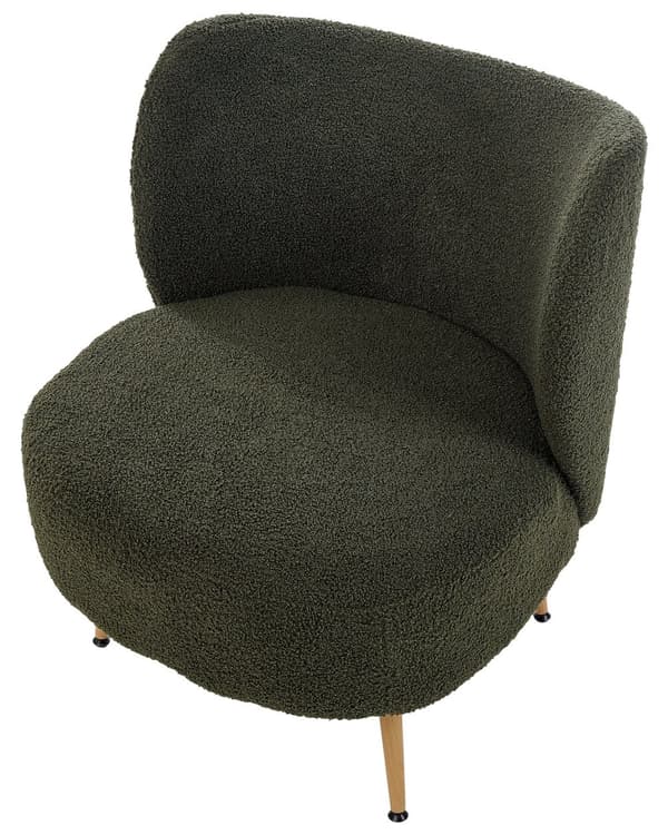 Fåtölj Mörkgrön Bouclé Tyg Mjukt Nubbigt Ben i Ljust Trä Böjt Ryggstöd Retro Glam Art Deco Stil