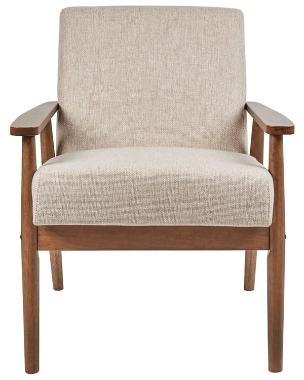 Lenestol Beige Polyester Stoff Lin Polstring Retro Design Mørkt Tre Ramme Armlener Stue