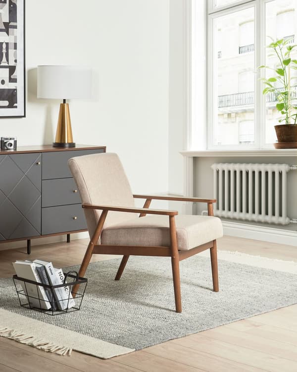 Lenestol Beige Polyester Stoff Lin Polstring Retro Design Mørkt Tre Ramme Armlener Stue