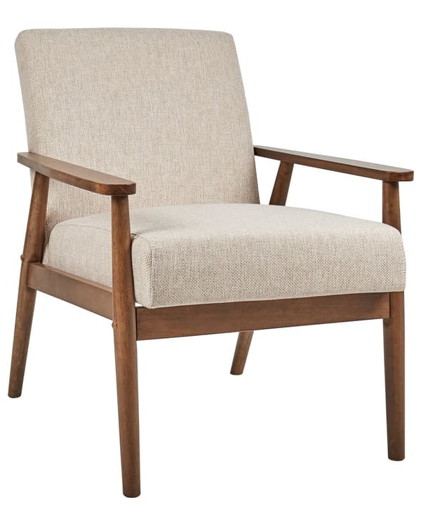 Lenestol Beige Polyester Stoff Lin Polstring Retro Design Mørkt Tre Ramme Armlener Stue