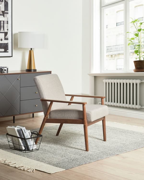 Lenestol Grå Polyester Stoff Lin Polstring Retro Design Mørkt Tre Ramme Armlener Stue